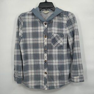 PASSPORT Girl's Blue Plaid Longsleeves Button Down Hoodie Size 14